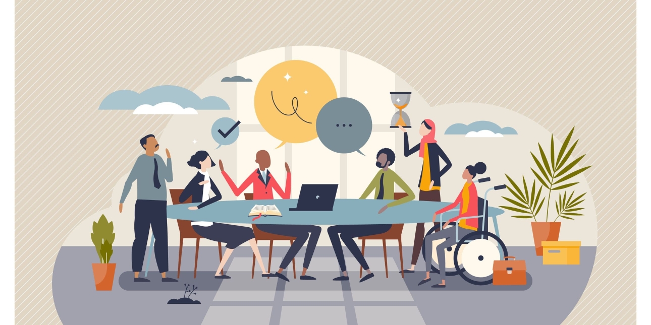 Illustration of six men and women of differnt colours sat aorund a table, one in a wheelchair and one with a scarf on with a latop on it with various plants, briefcases and general speech and thought bubbles giving the impression of a debate